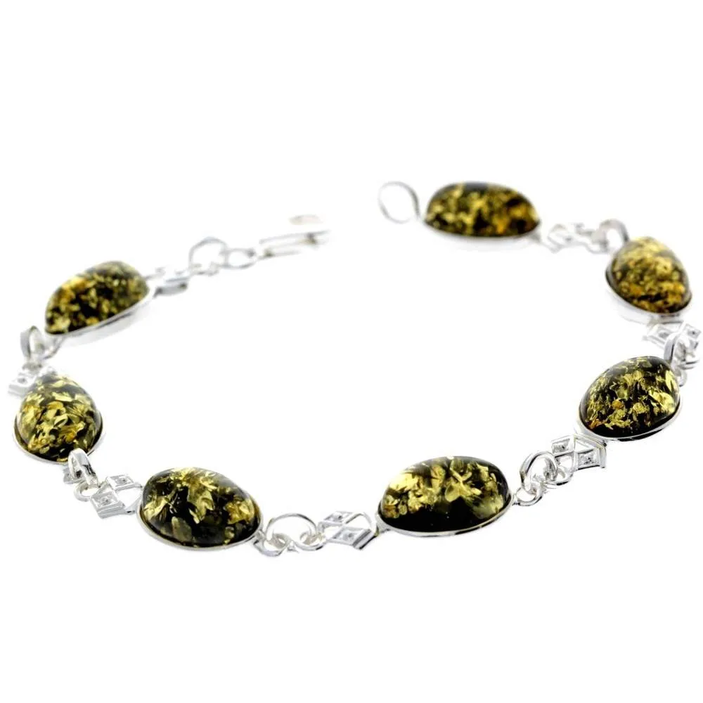 925 Sterling Silver & Genuine Baltic Amber Link Bracelet - 3233