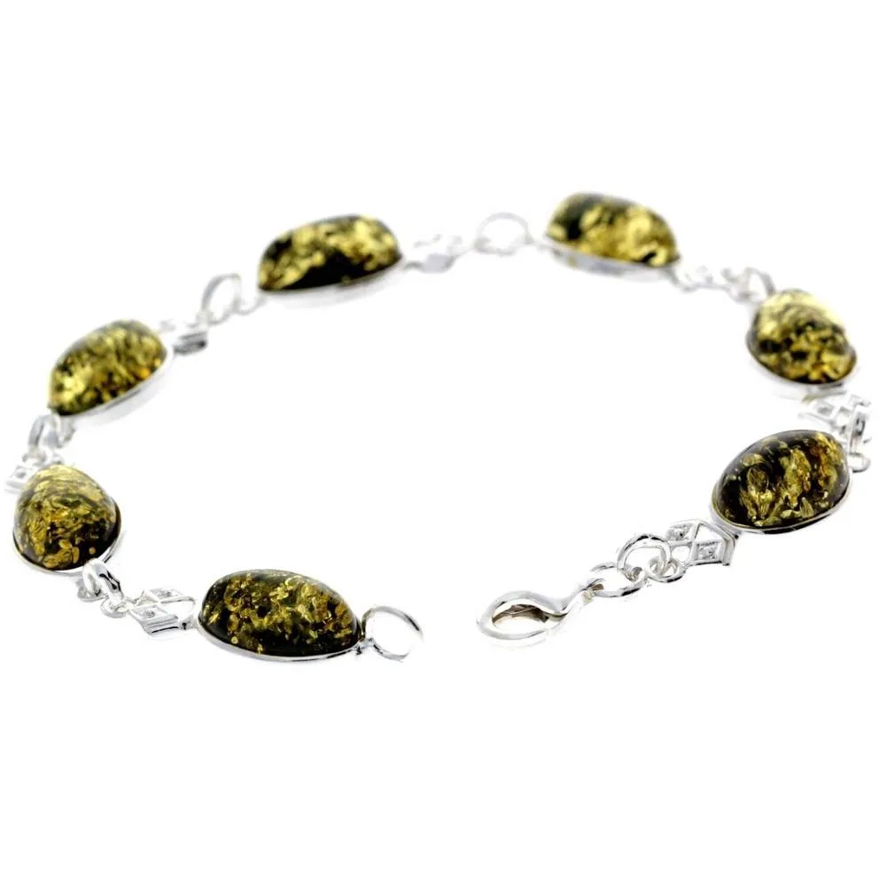 925 Sterling Silver & Genuine Baltic Amber Link Bracelet - 3233