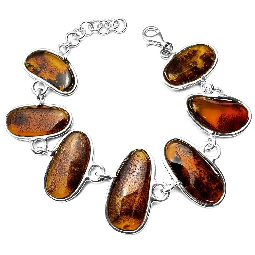 925 Sterling Silver & Genuine Cognac Baltic Amber Exclusive Link Bracelet with extender - BT177