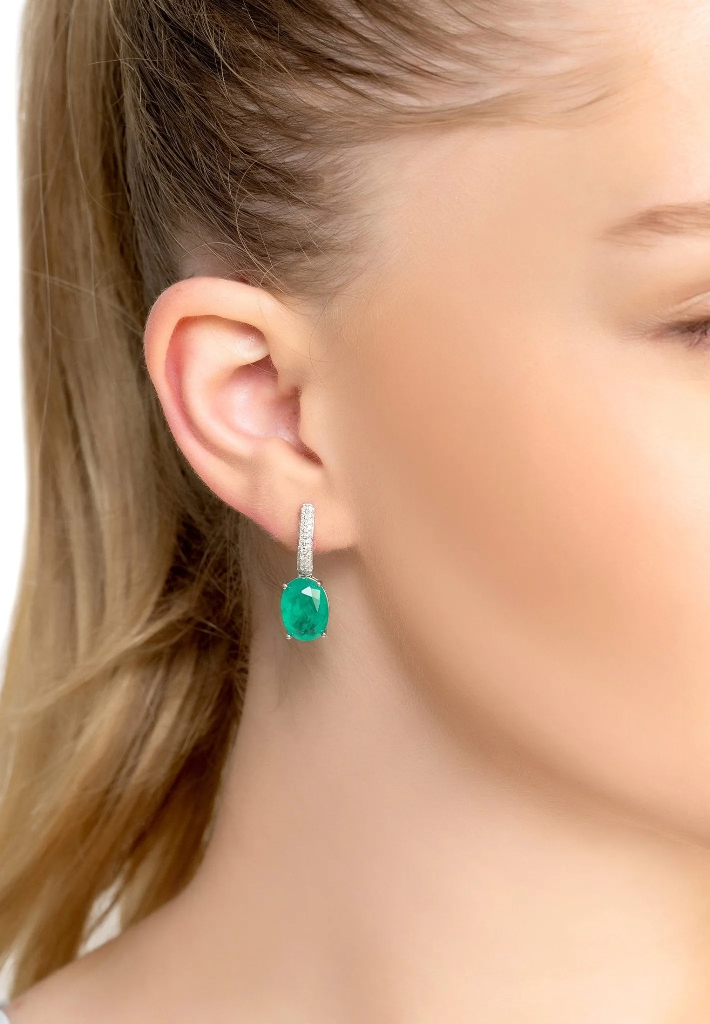 Alexandra Oval Drop Earrings Silver Colombian Emerald