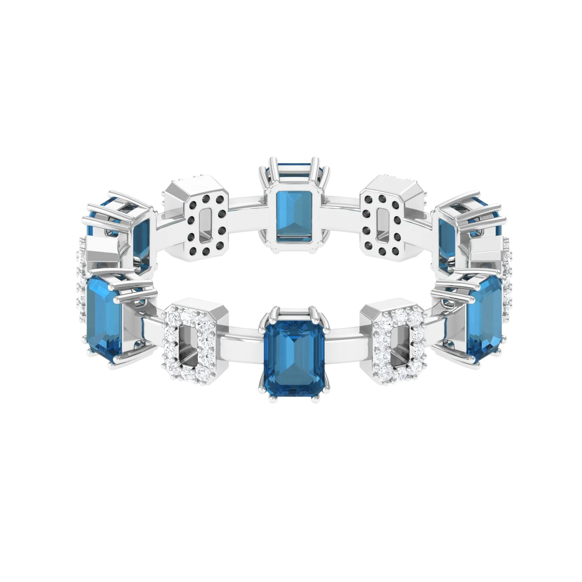 Alternate Octagon Cut London Blue Topaz and Diamond Eternity Ring