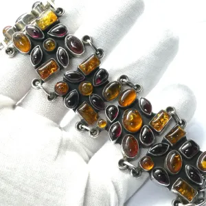 Amber Bracelet with Garnets, Mediaeval Gothic Stlye,  925 Sterling Silver