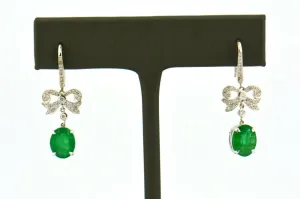 Antique 18KW European/Single Cut Diamond Bow Drop Earrings 3cttw Green Emeralds