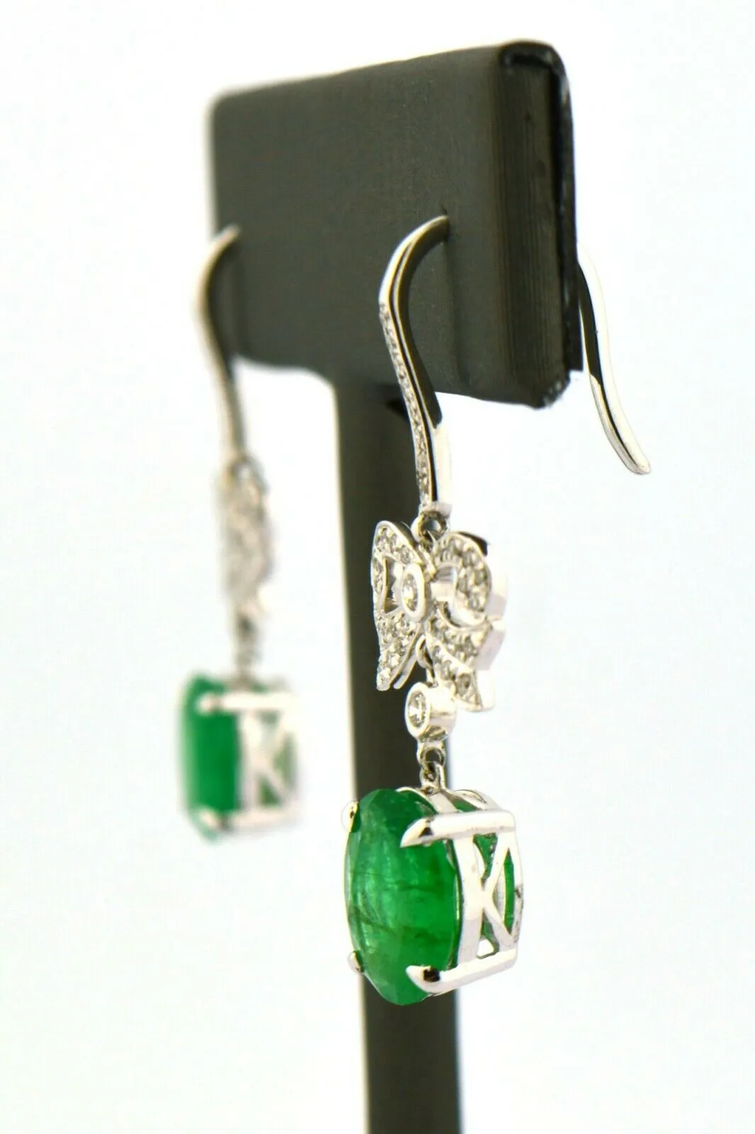 Antique 18KW European/Single Cut Diamond Bow Drop Earrings 3cttw Green Emeralds