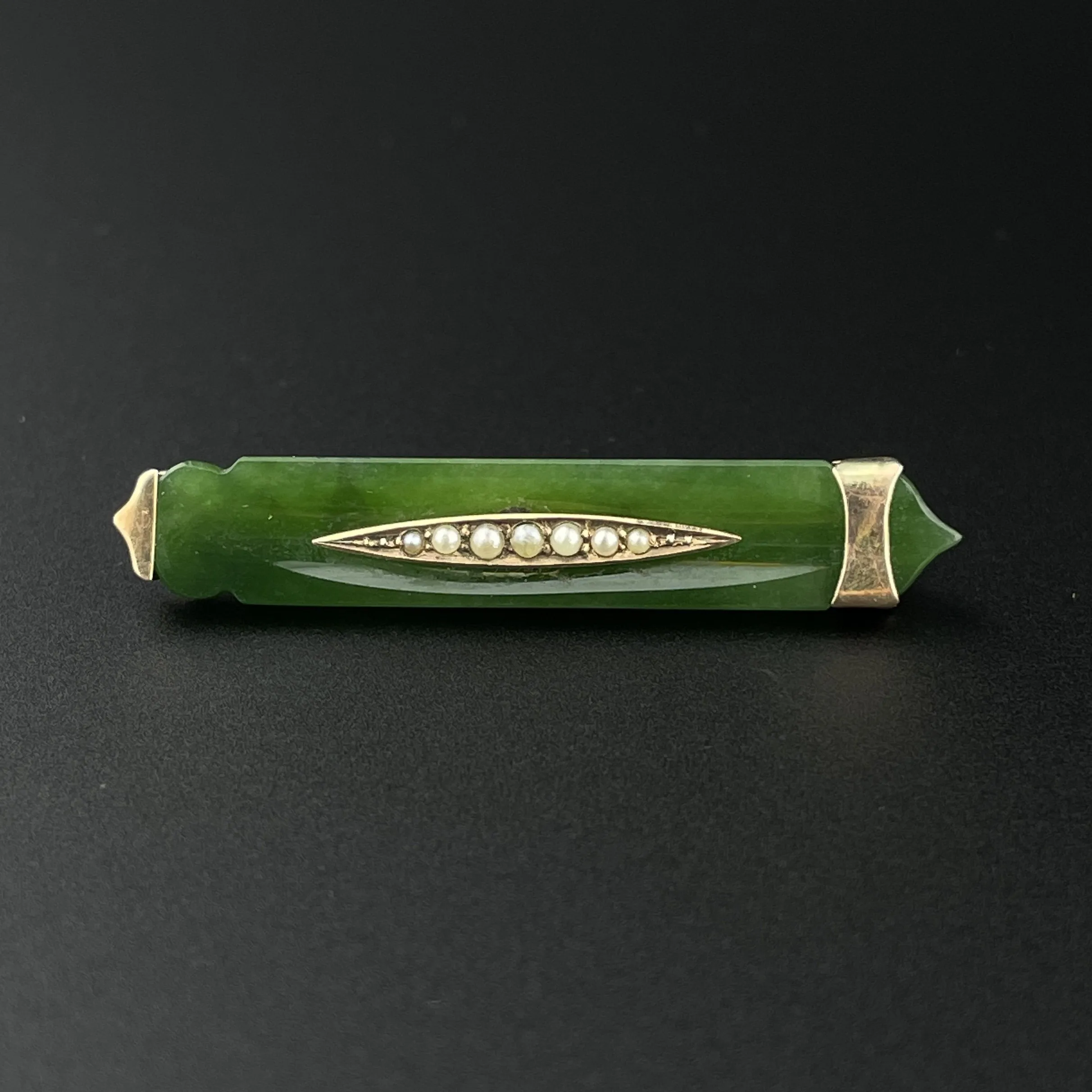 Antique Edwardian 10K Gold Jade Seed Pearl Brooch