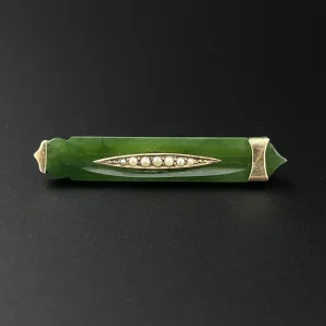 Antique Edwardian 10K Gold Jade Seed Pearl Brooch