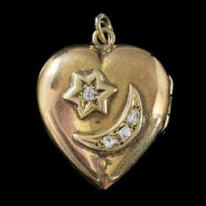 Antique Edwardian Diamond Heart Locket Crescent Star 18Ct Gold Dated 1909