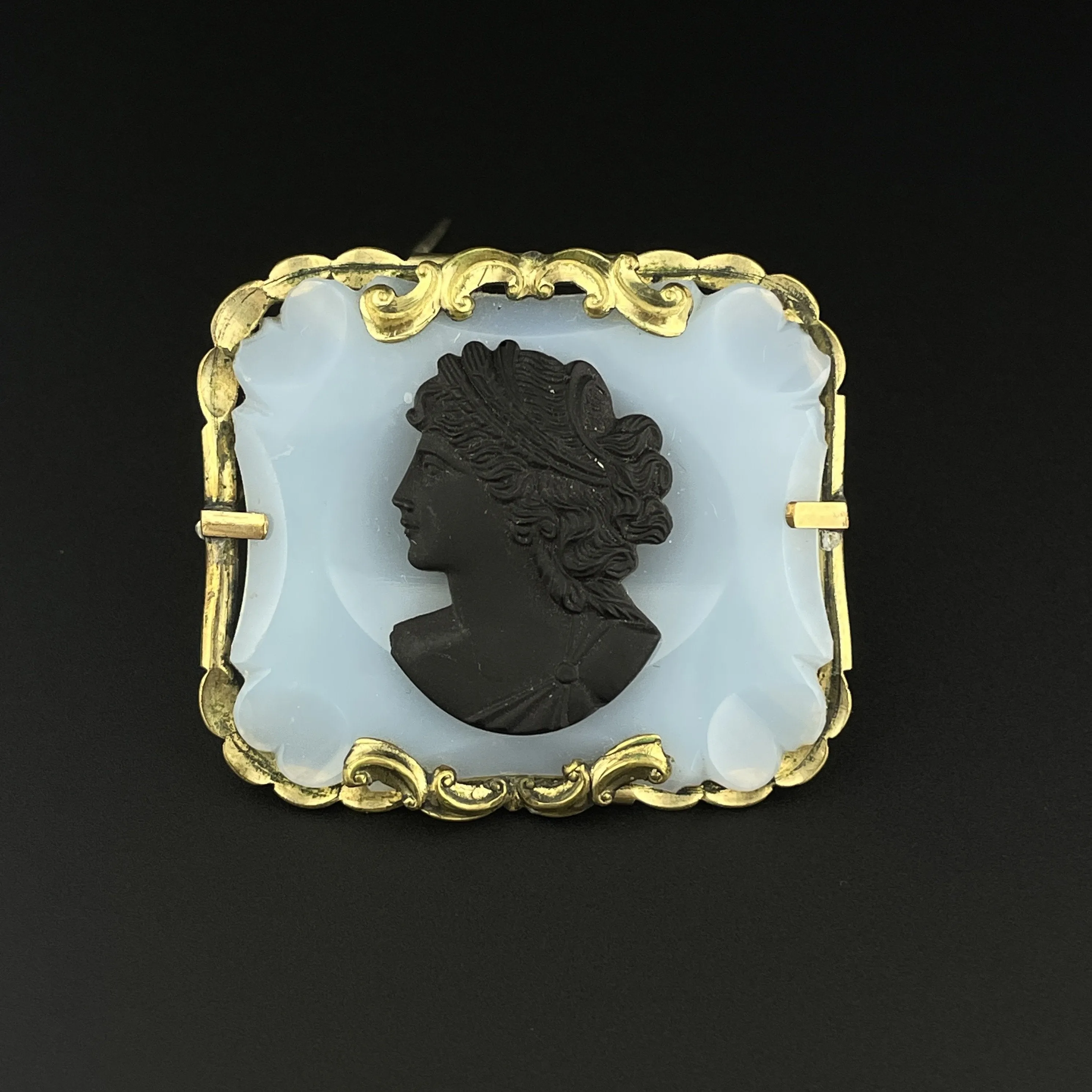 Antique Victorian Black Porcelain Cameo Chalcedony Brooch