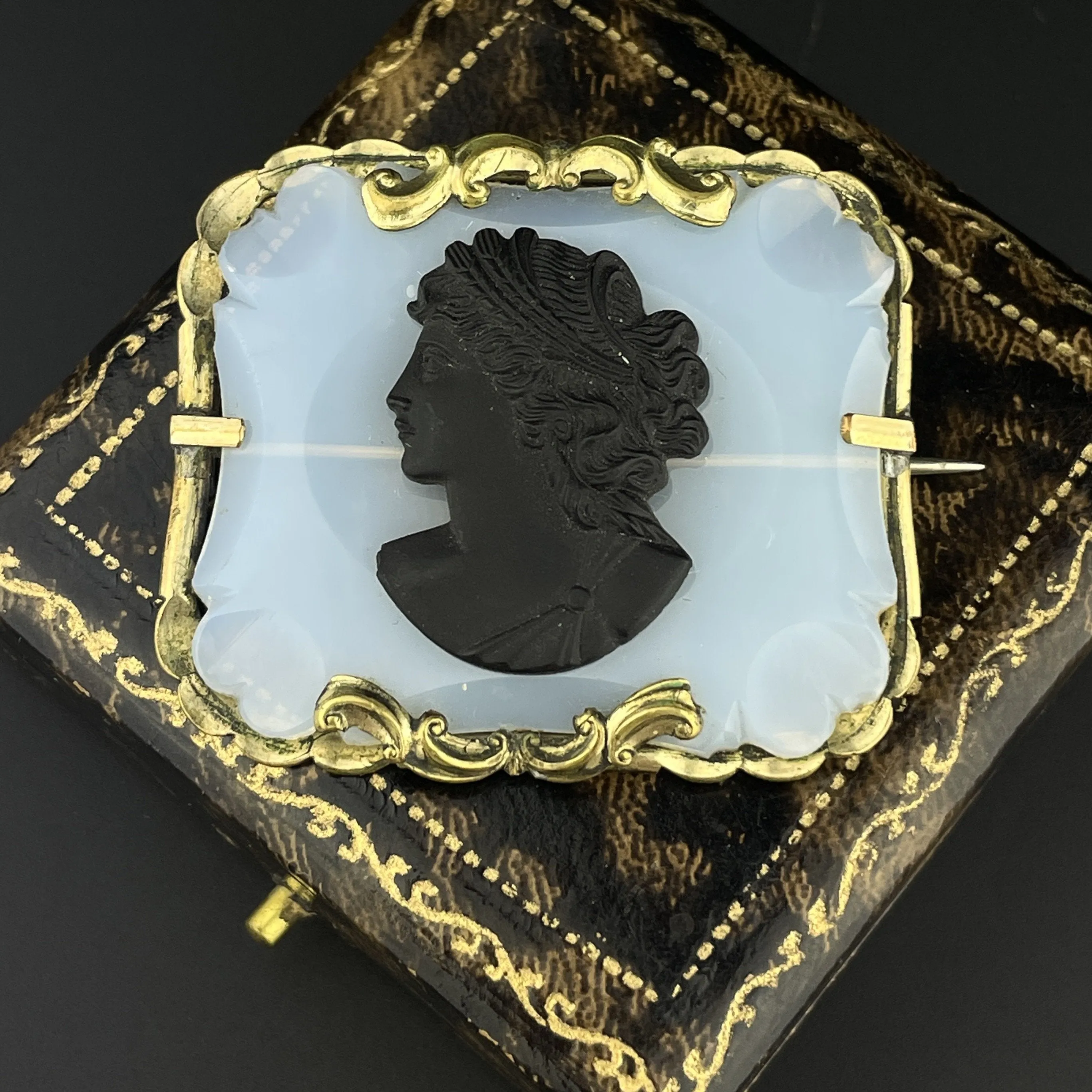 Antique Victorian Black Porcelain Cameo Chalcedony Brooch