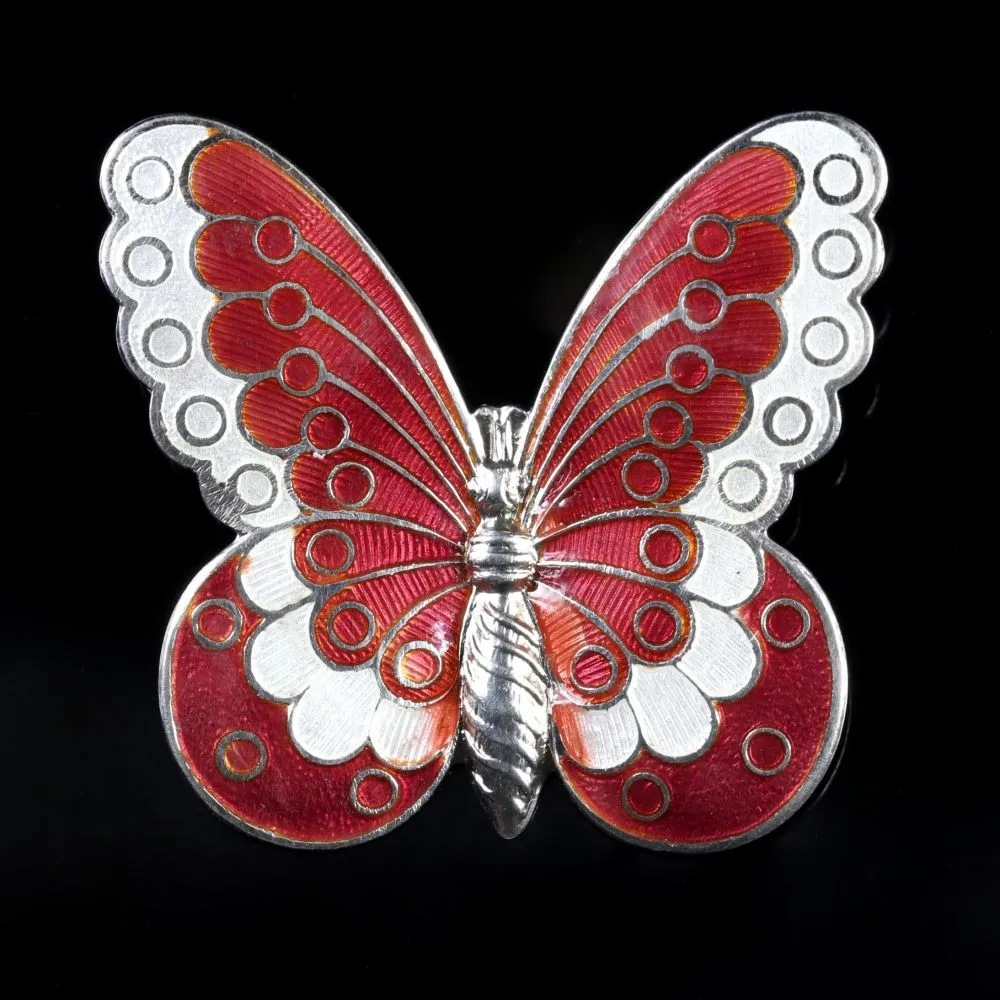 Antique Victorian Red White Enamel Butterfly Brooch Circa 1900