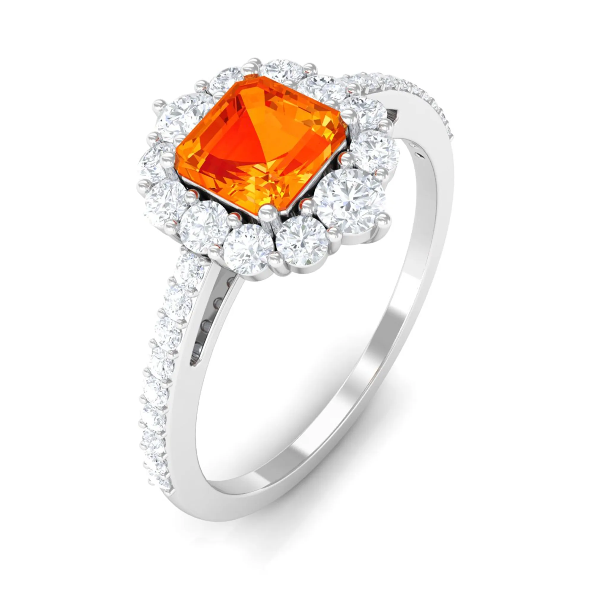 Asscher Cut Created Orange Sapphire and Diamond Frame Engagement Ring