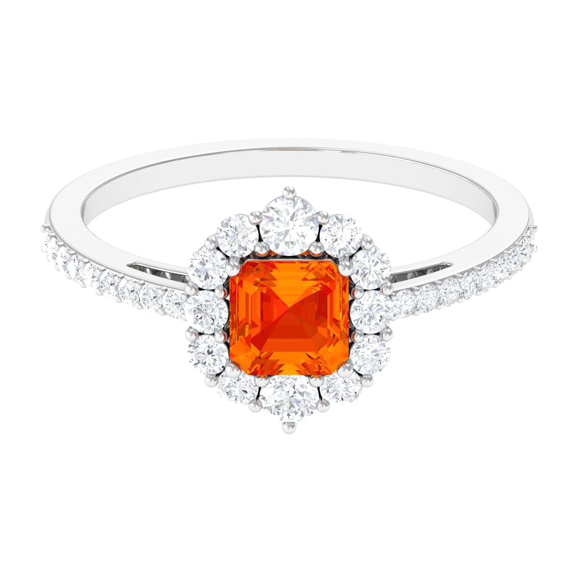 Asscher Cut Created Orange Sapphire and Diamond Frame Engagement Ring