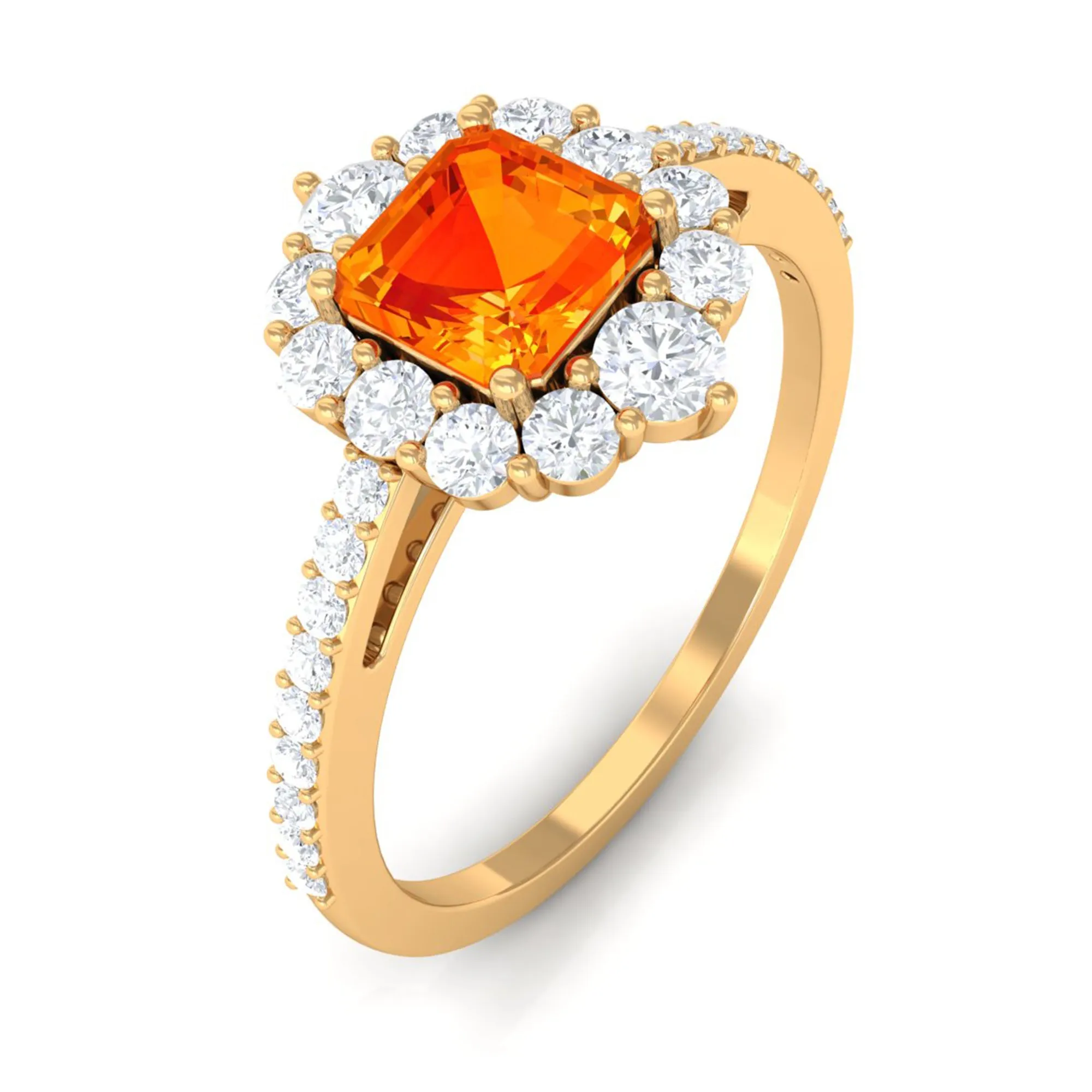 Asscher Cut Created Orange Sapphire and Diamond Frame Engagement Ring