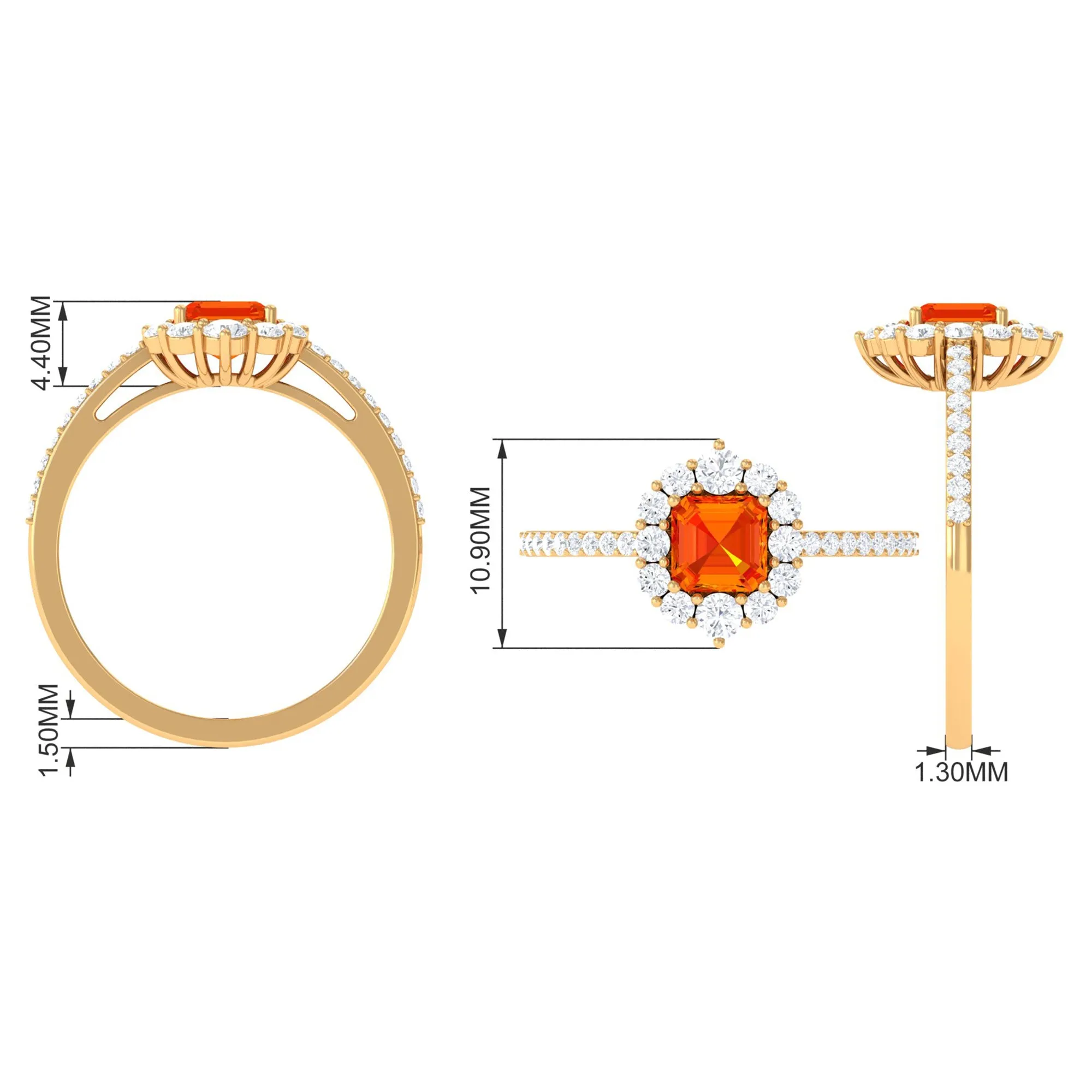 Asscher Cut Created Orange Sapphire and Diamond Frame Engagement Ring