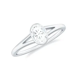 Bezel Set Oval Cut Moissanite Solitaire Promise Ring in Spilt Shank