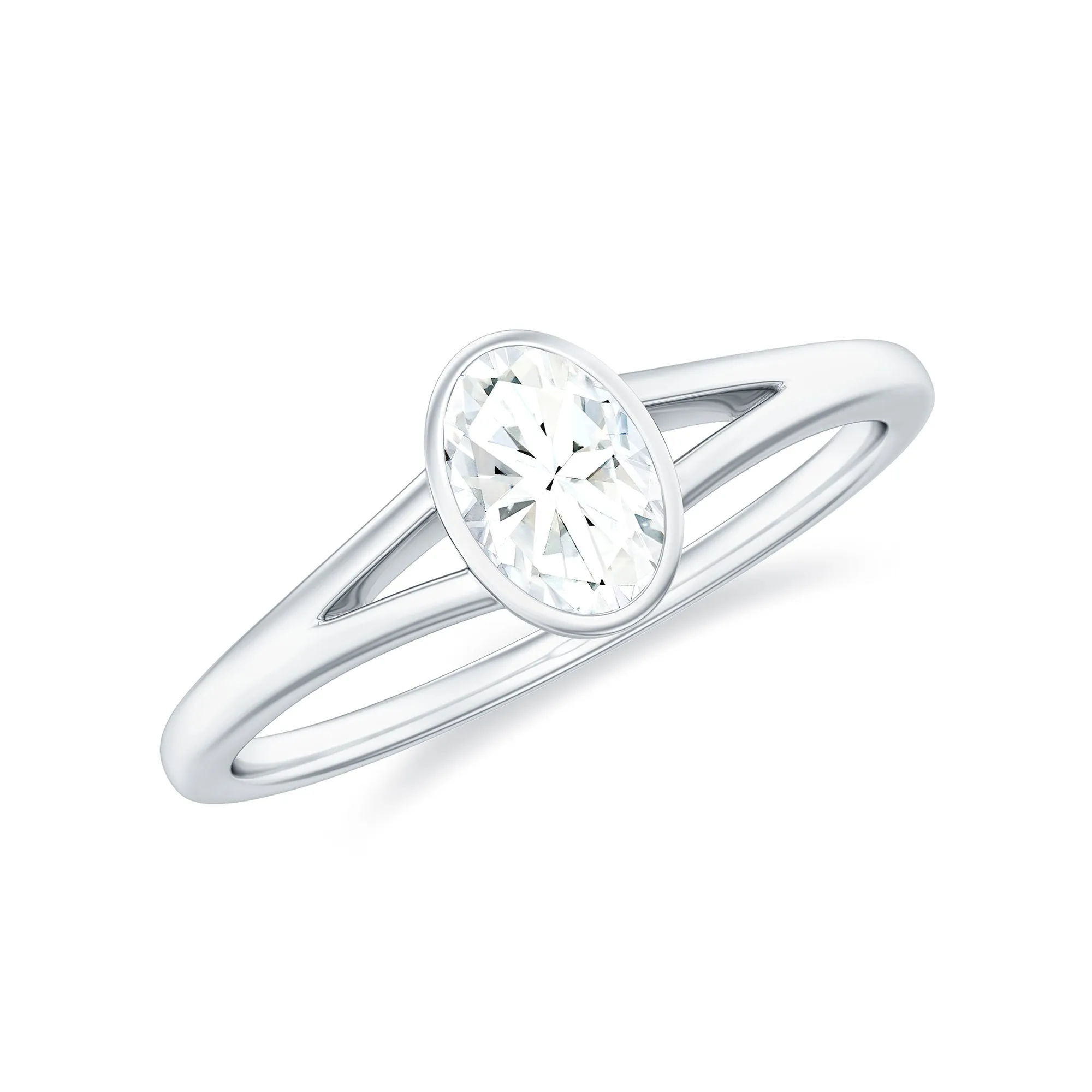 Bezel Set Oval Cut Moissanite Solitaire Promise Ring in Spilt Shank