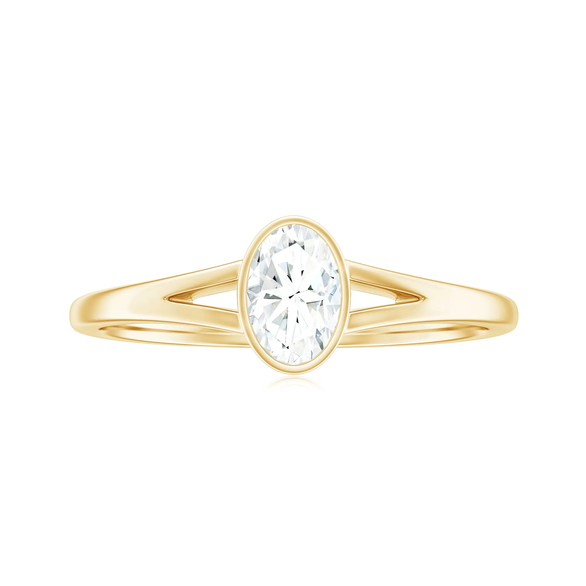 Bezel Set Oval Cut Moissanite Solitaire Promise Ring in Spilt Shank