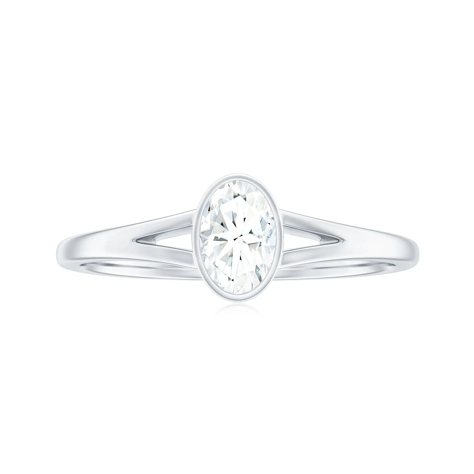 Bezel Set Oval Cut Moissanite Solitaire Promise Ring in Spilt Shank