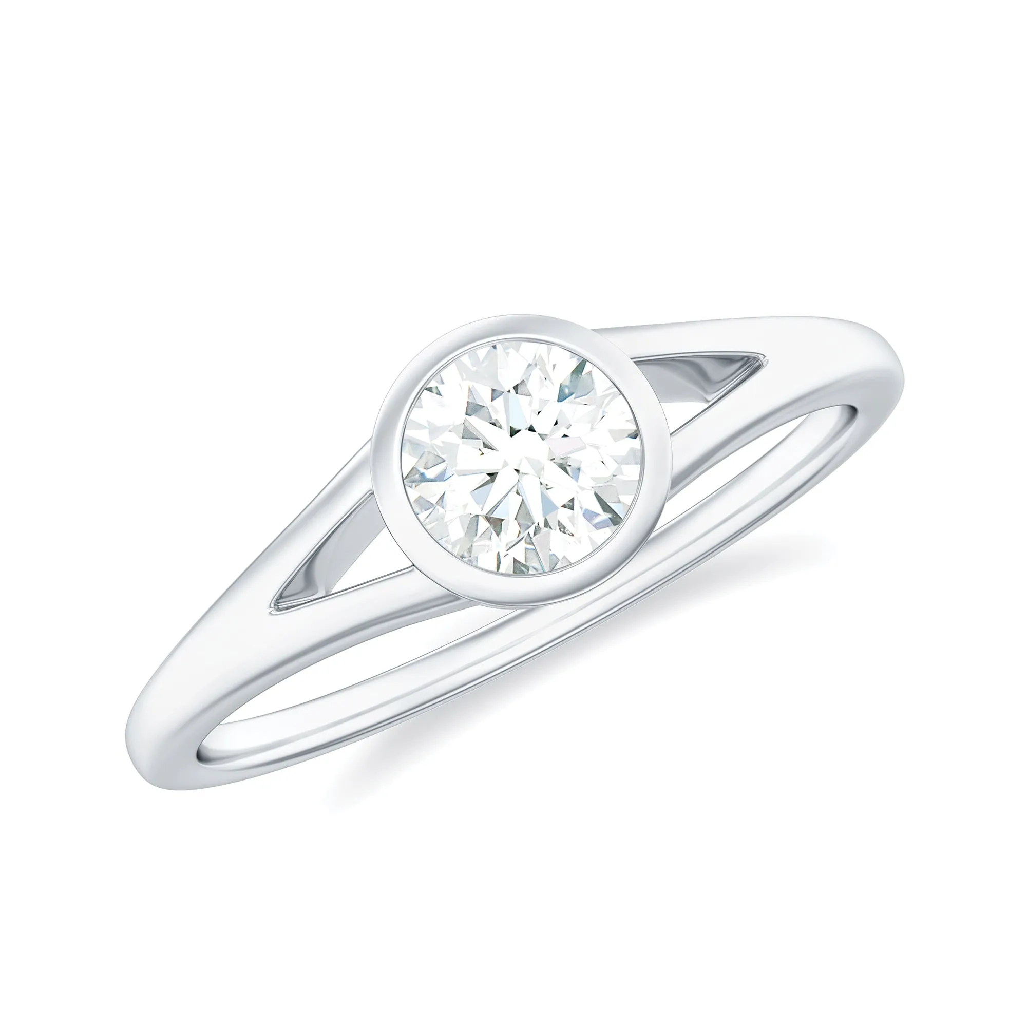 Bezel Set Round Moissanite Solitaire Promise Ring in Split Shank