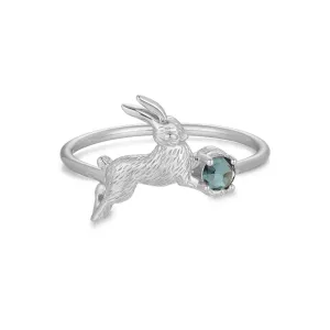 Blue Topaz Silver Leaping Rabbit Ring