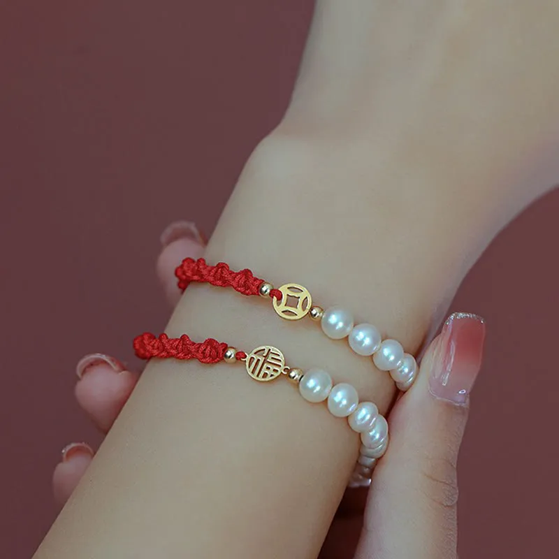 Buddha Stones 14K Gold Plated Pearl Bead Luck Protection Braid Red String Bracelet