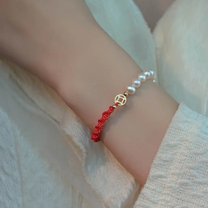 Buddha Stones 14K Gold Plated Pearl Bead Luck Protection Braid Red String Bracelet