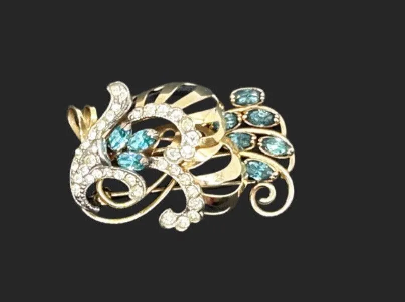 Charles Reis 12k Gold Filled Brooch Pin/Pendant with Clear and Blue Rhinestones