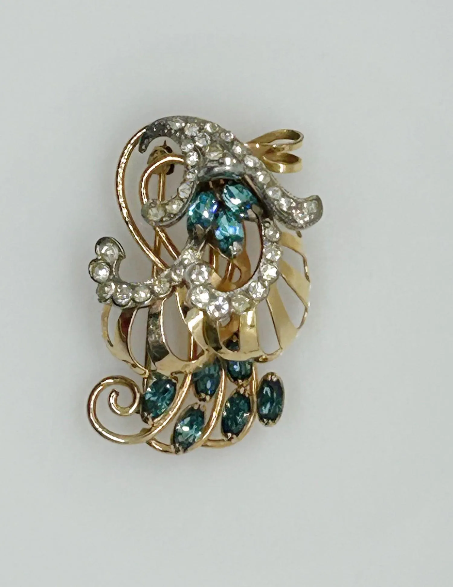 Charles Reis 12k Gold Filled Brooch Pin/Pendant with Clear and Blue Rhinestones