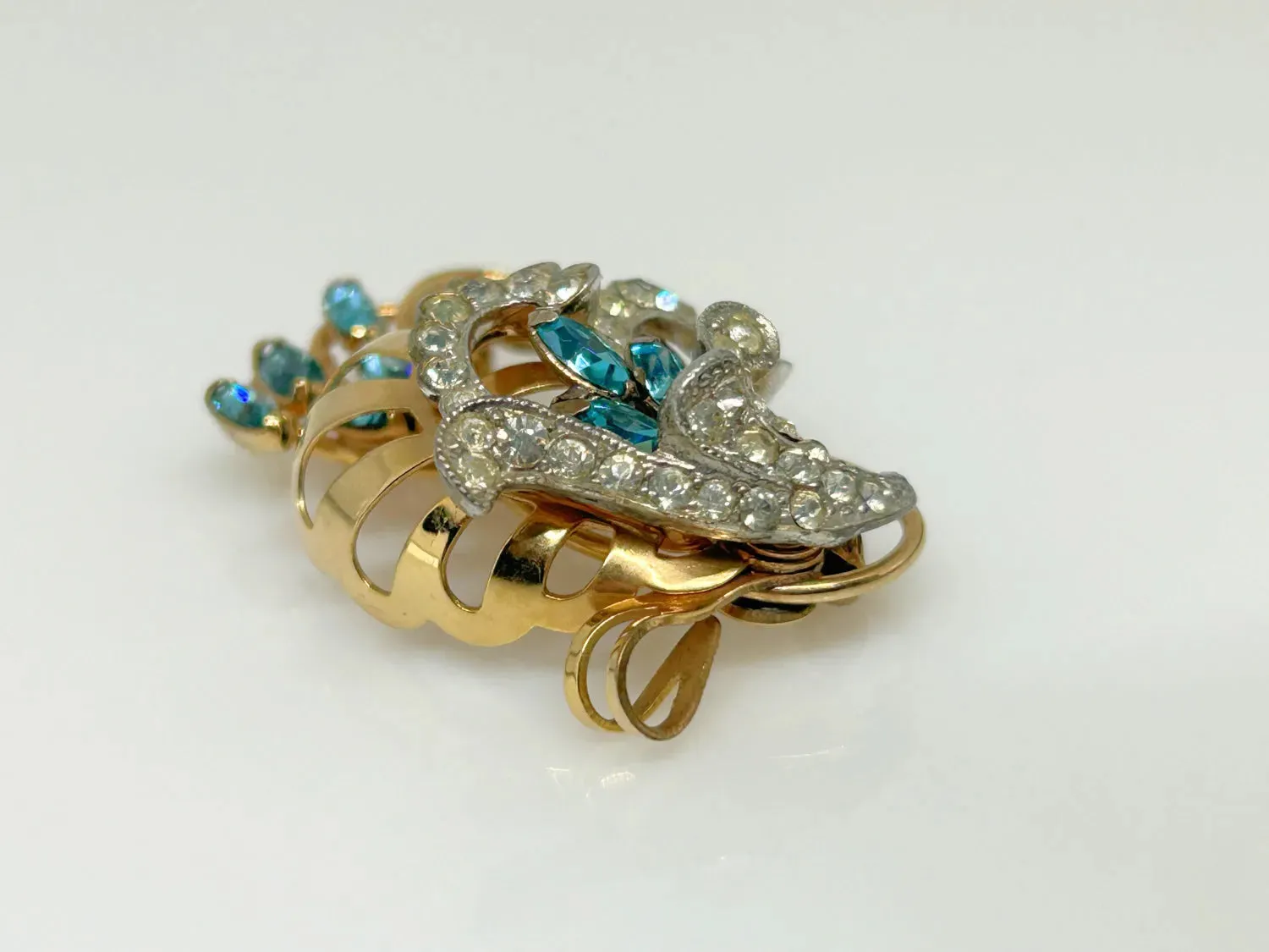 Charles Reis 12k Gold Filled Brooch Pin/Pendant with Clear and Blue Rhinestones