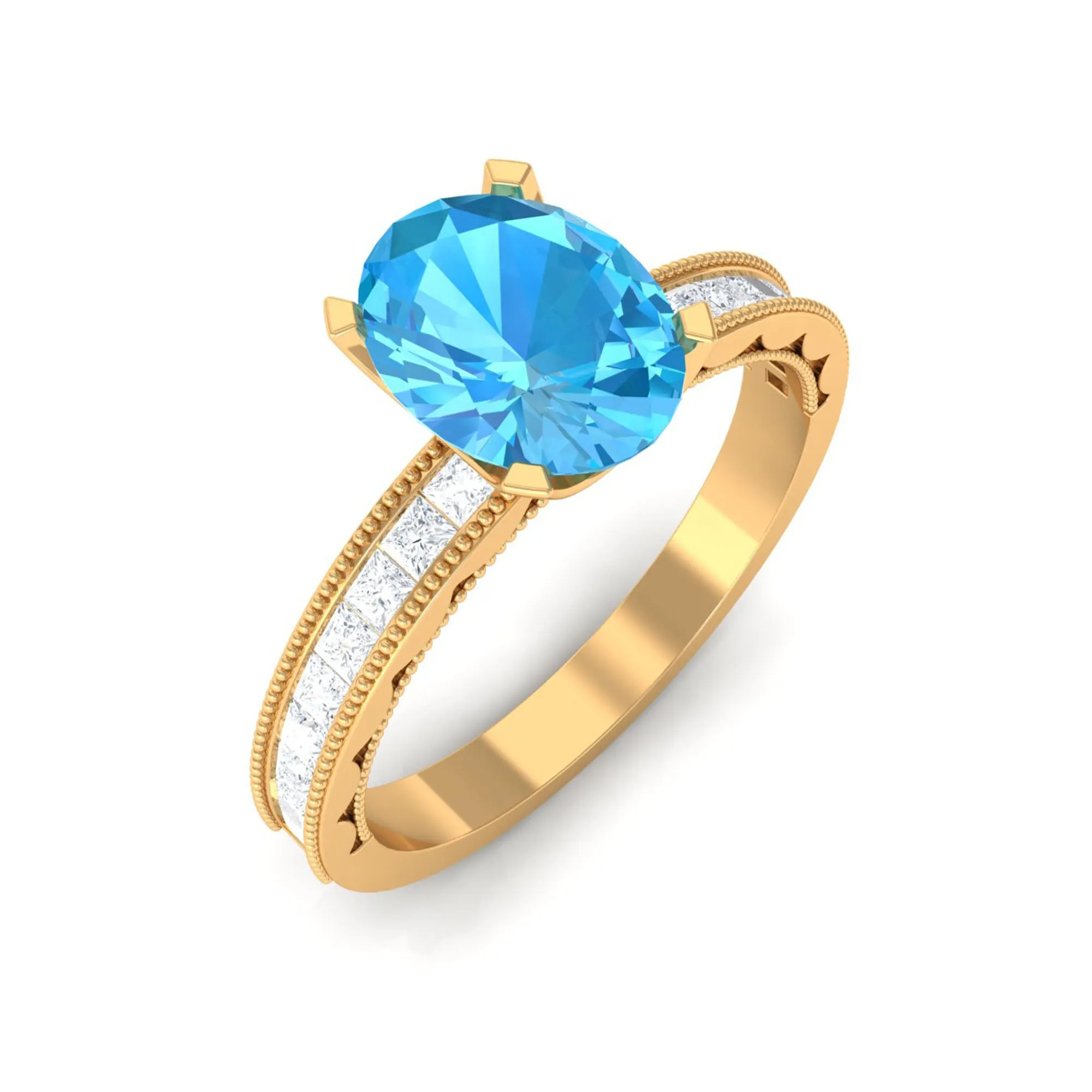 Classic Solitaire Ring with 1.75 CT Swiss Blue Topaz and Moissanite