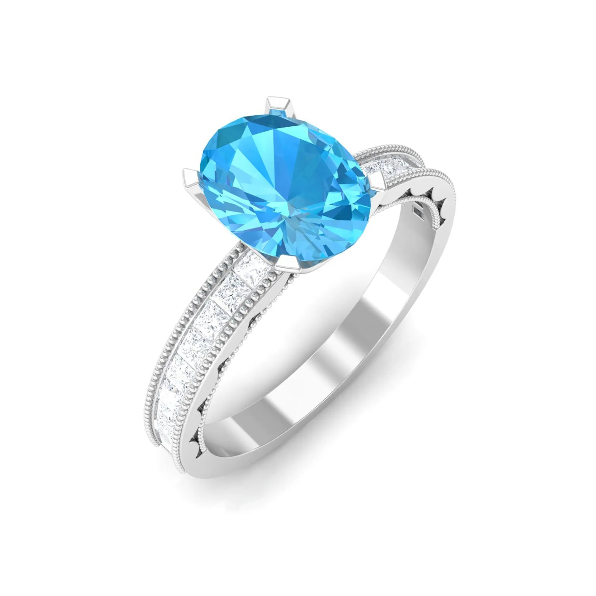 Classic Solitaire Ring with 1.75 CT Swiss Blue Topaz and Moissanite