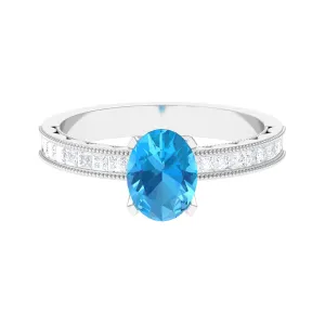 Classic Solitaire Ring with 1.75 CT Swiss Blue Topaz and Moissanite