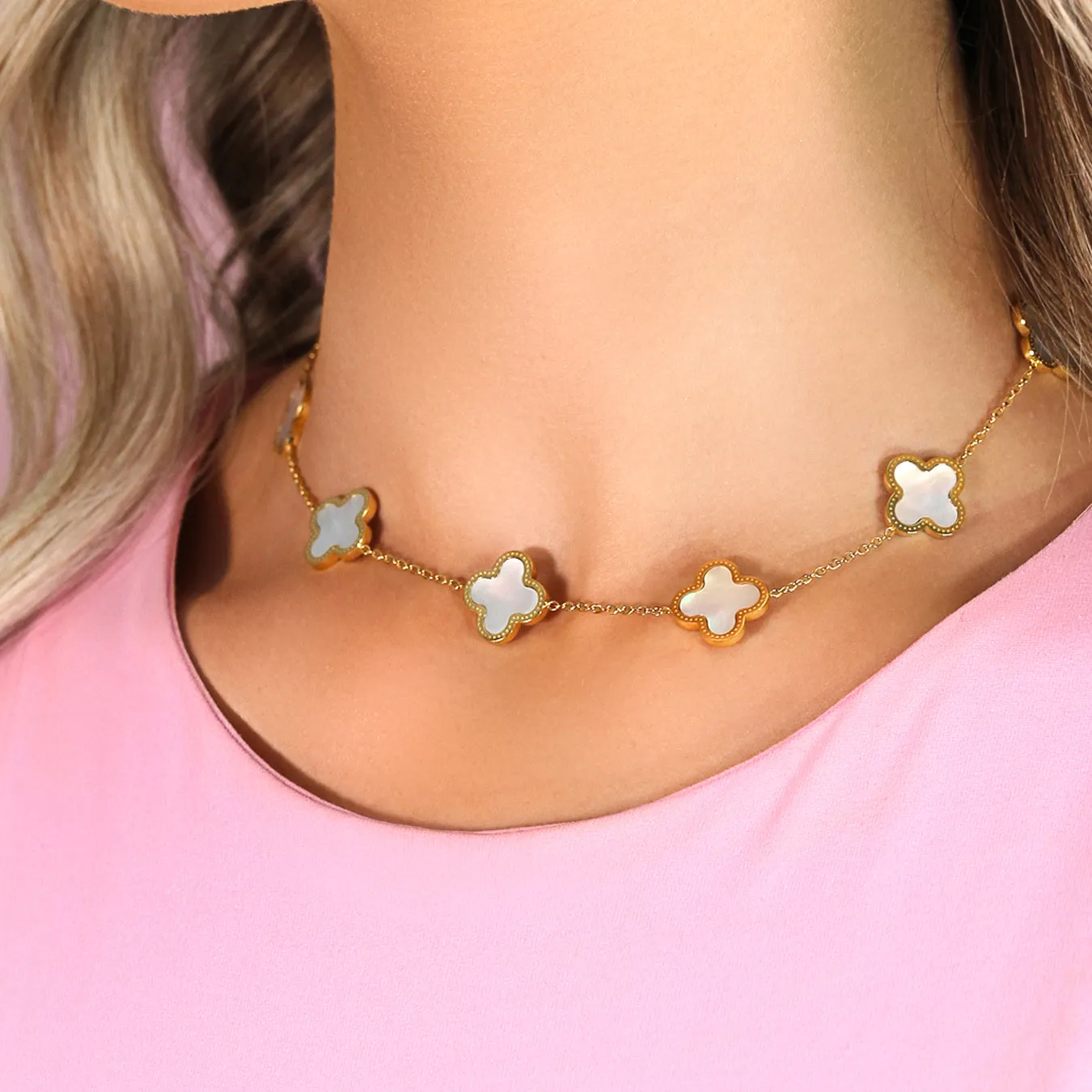 Clover Choker Necklace - (Gold & Faux Pearl)