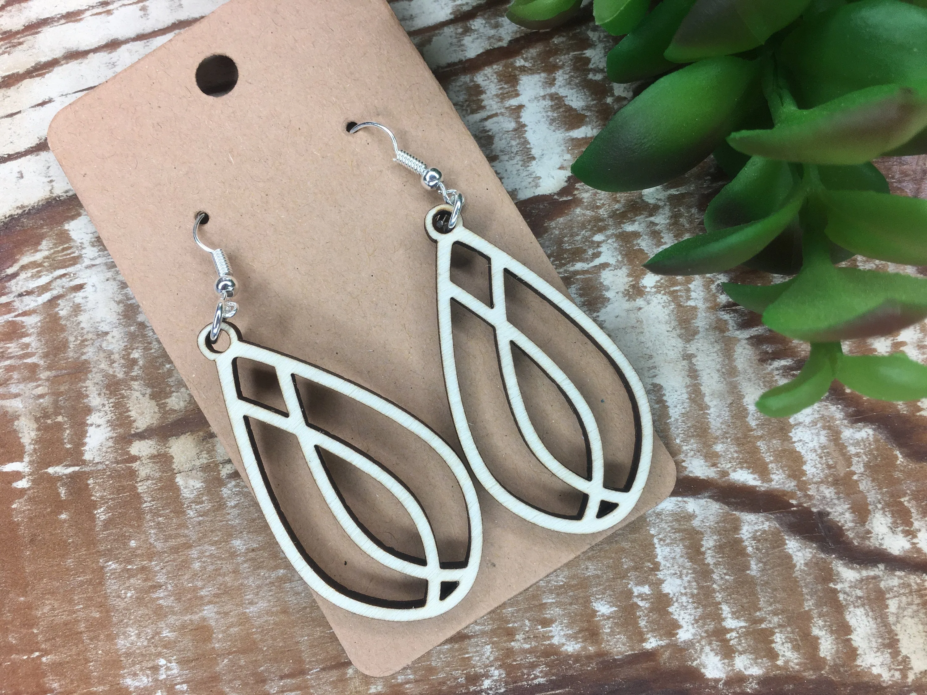 Cream Teardrop Wood Earrings, Lightweight Dangle Drop Earrings, Cathedral Window Earrings, Mother's Day Gift Idea