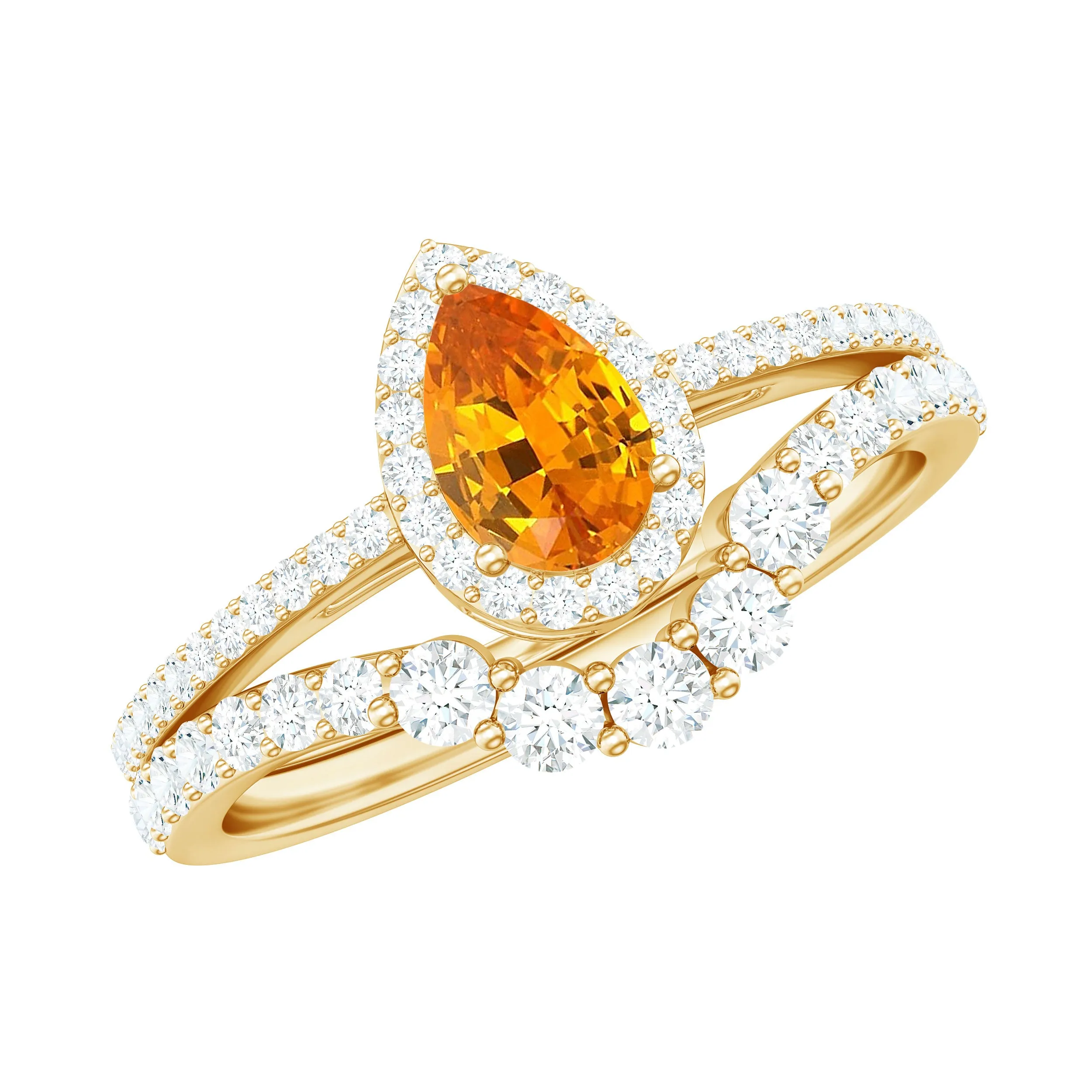 Created Orange Sapphire and Moissanite Designer Teardrop Ring Set