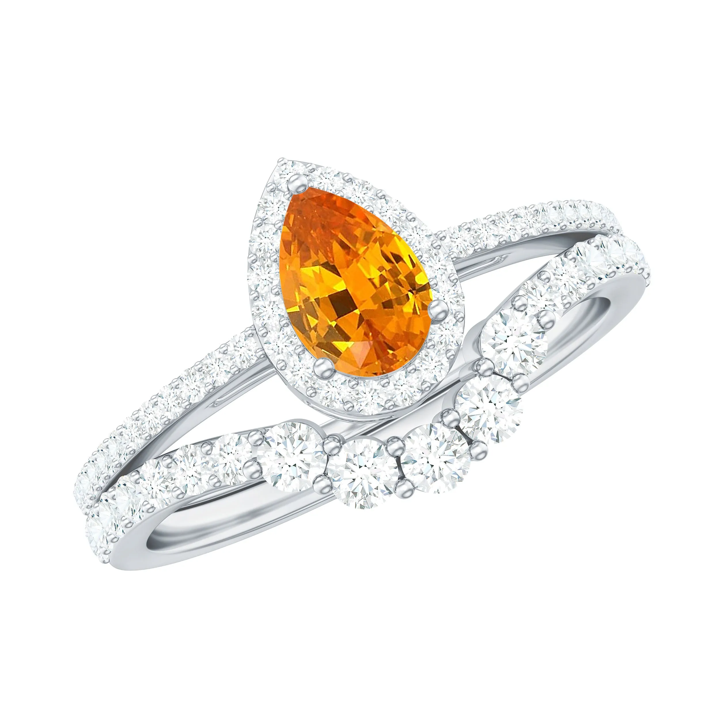 Created Orange Sapphire and Moissanite Designer Teardrop Ring Set