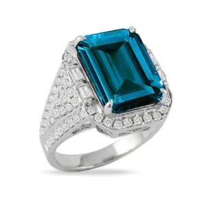 Doves 18K White Gold London Blue Topaz Ring with Diamond Halo