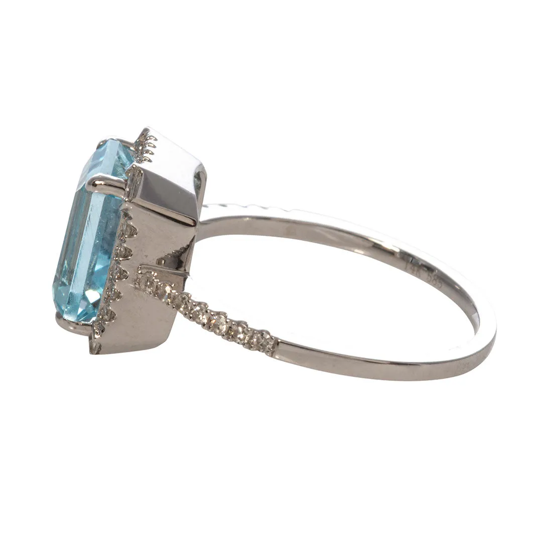 Emerald Cut Blue Topaz & Diamond 14K White Gold Ring