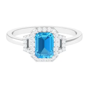 Emerald Cut Swiss Blue Topaz and Diamond Statement Engagement Ring