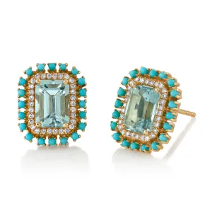 Emerald-Cut Topaz Studs with Diamond and Turquoise