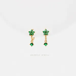 Emerald Flower Dangle Hoop Earrings, Huggies, Unisex, Gold, Silver SHEMISLI - SH262