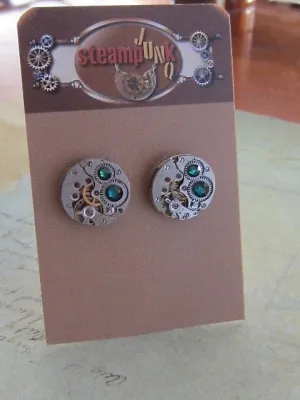 Emerald Steampunk Stud Earrings with Mechanical Watch Movement, Steampunk Earrings , Steampunk jewelry