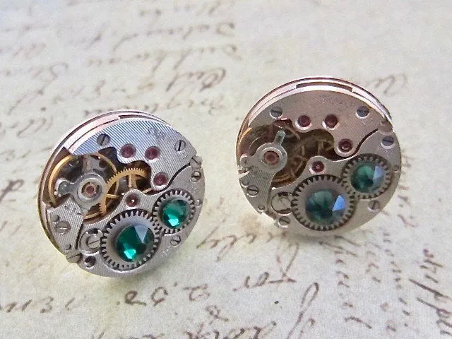 Emerald Steampunk Stud Earrings with Mechanical Watch Movement, Steampunk Earrings , Steampunk jewelry