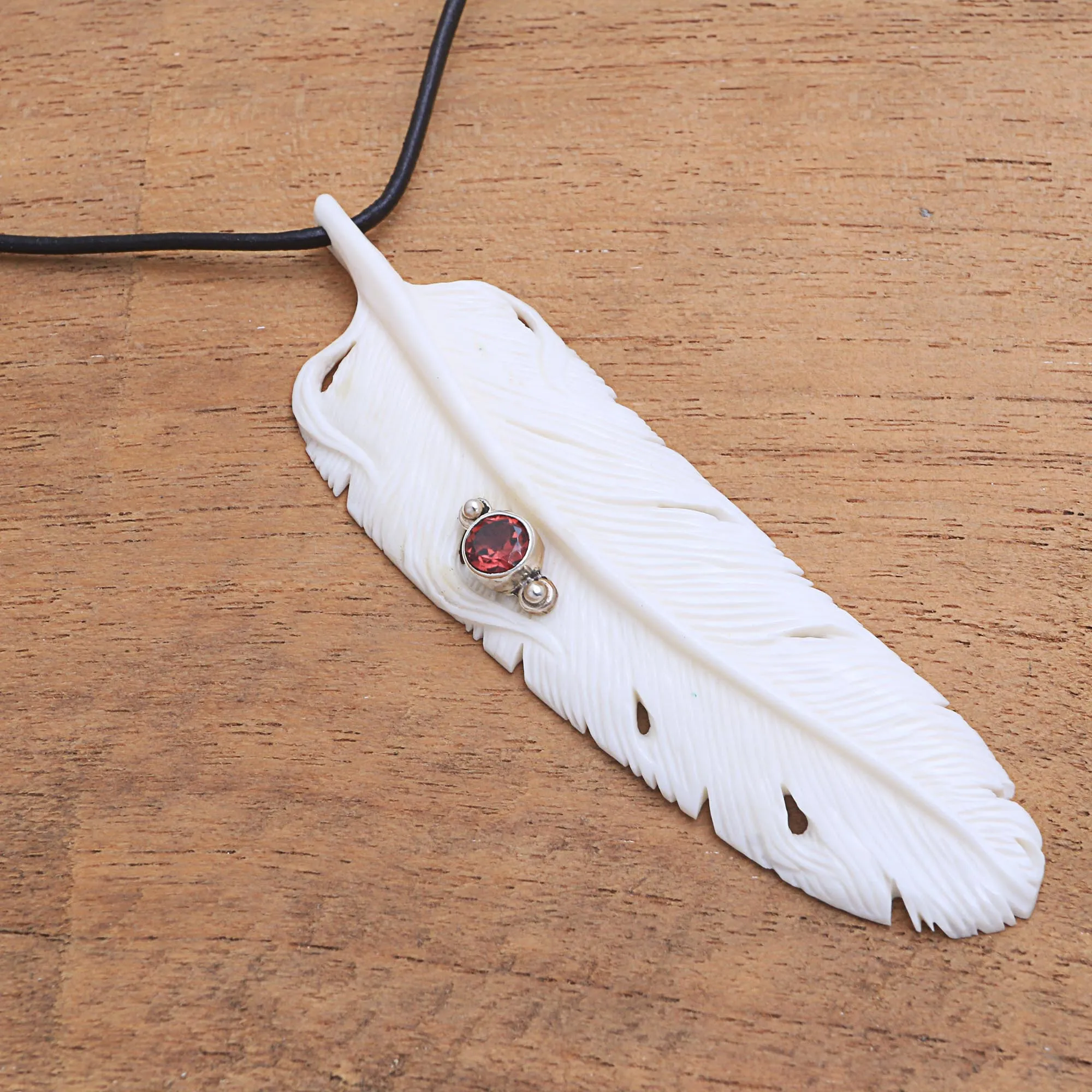 Feather Soul Garnet Silver & Bone Necklace