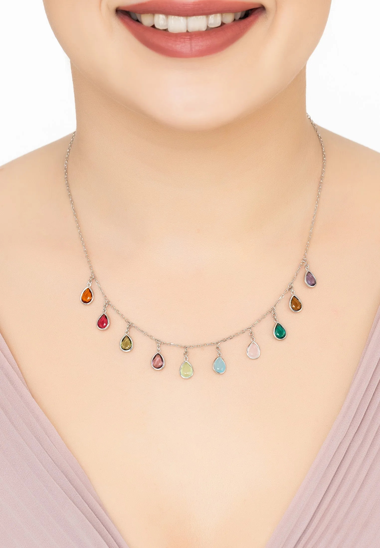 Florence Teardrop Gemstone Necklace Silver Multi Coloured