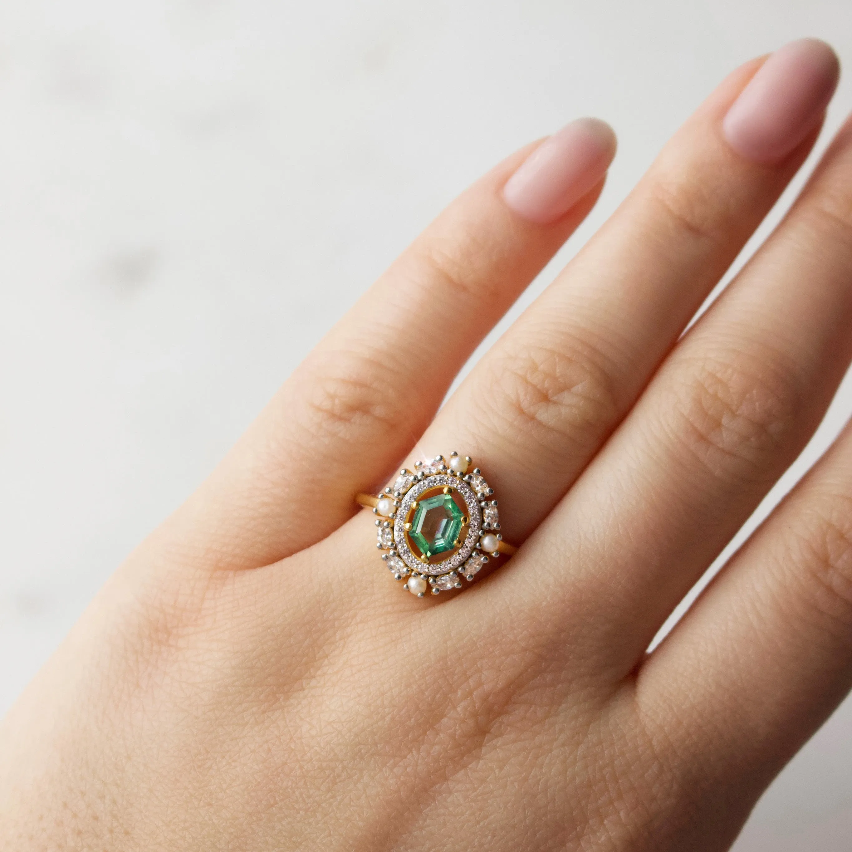 Garden Party Fern Green Topaz & Pearl Halo Vintage Ring