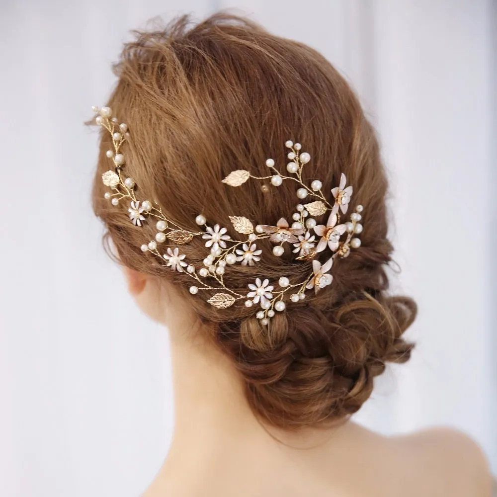 Gold Flower Crystal Pearl Bridal Headband Hair Vine Wedding Tiara