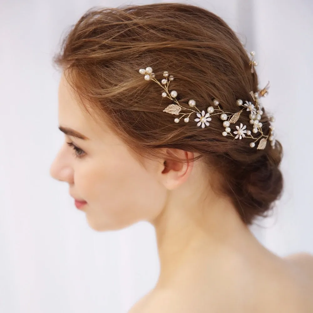 Gold Flower Crystal Pearl Bridal Headband Hair Vine Wedding Tiara