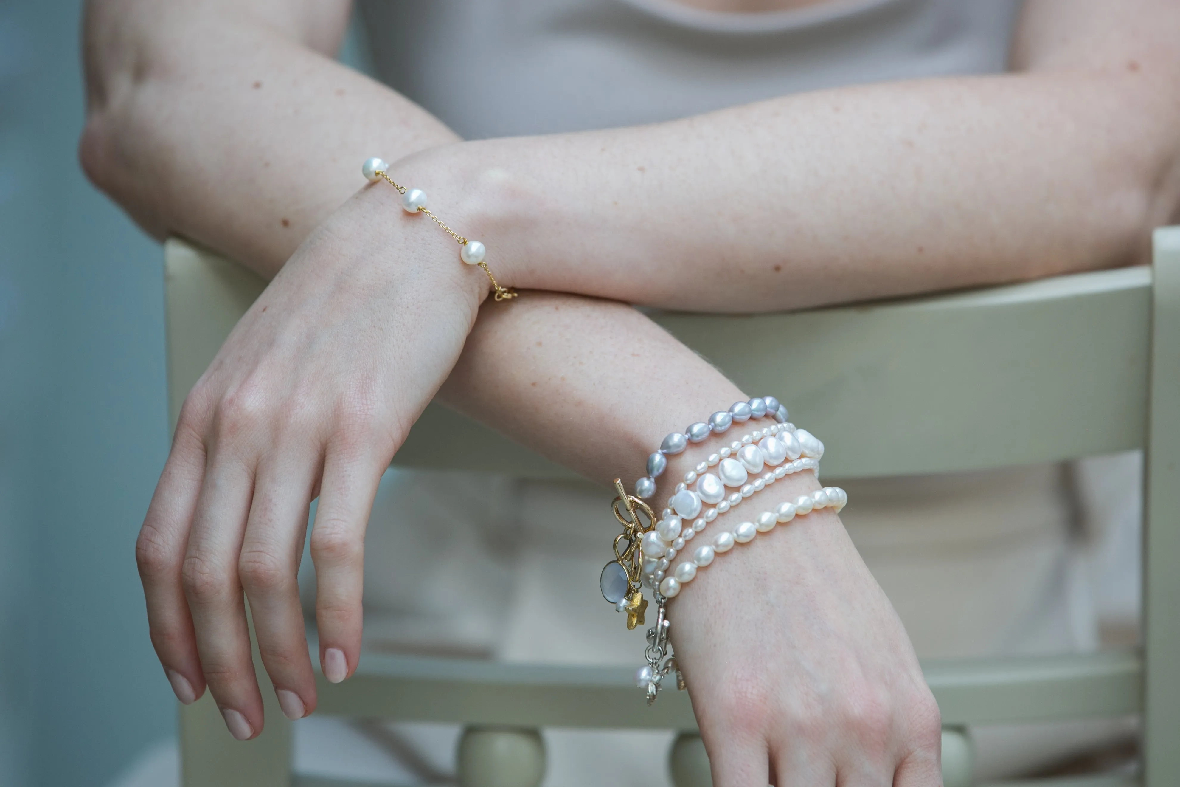 Gratia gold plated sterling silver bracelet with white cultured freshwater pearls