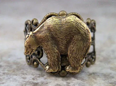 Handmade Oxidized Brass Bear Adjustable Filigree Ring